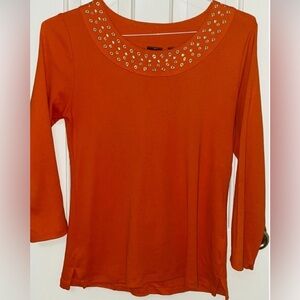 Rafaella Orange Cotton Scoop Neck Shirt Gold Stud Detail 3/4 Sleeve L NWOT